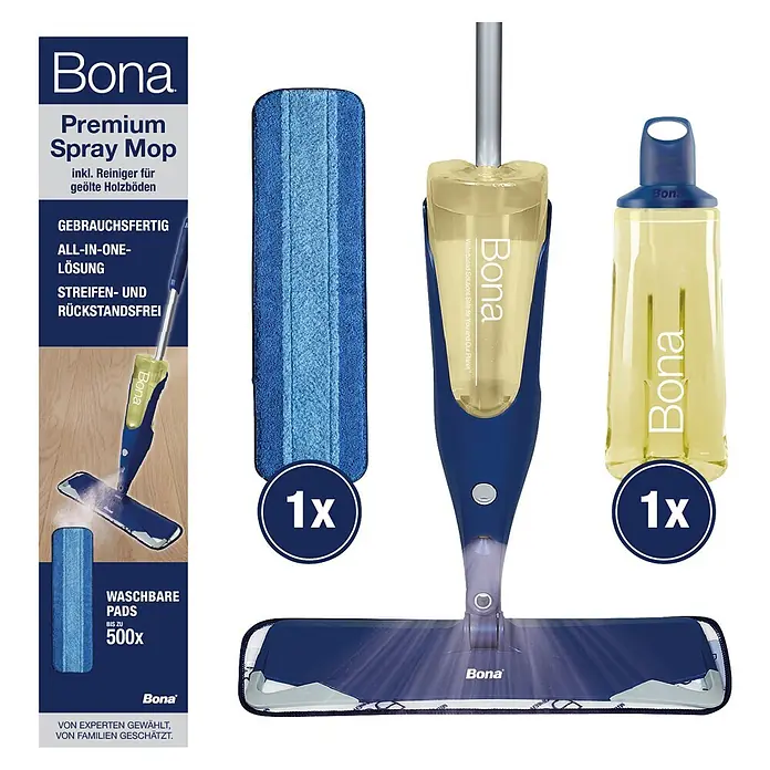 Bona Spray Mop Premium für geölte Holzfußböden - 1 x Spray Mop, 1 x nachfüllbare Kartusche mit 850 ml Reinigungsmittel, 1 x Microfaser-Reinigungspad - Bona Premium Spray Mop Set mit blauem Wischer, blauem Reinigungspad und gelber Nachfüllflasche.