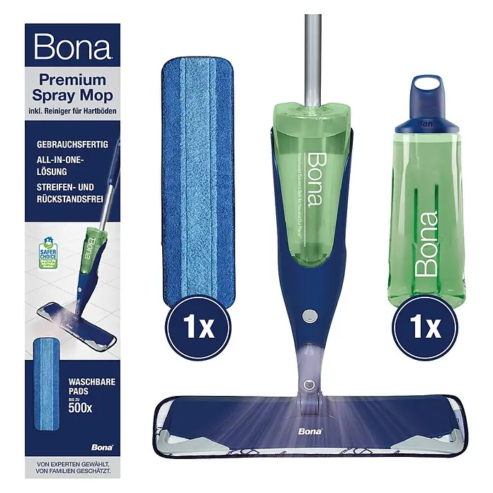 Bona Spray Mop Premium für Fliesen- und Laminatböden - Mikrofaser, 1 x Bona Spray Mop, 1 x Bona Spray Mop Refiller (Kartusche), 1 x Bona Mikrofaser-Reinigungspad - Blauer und silberner Bona Premium Sprühmopp mit blauem Mikrofaser-Reinigungspad und grüner Reinigerkartusche.