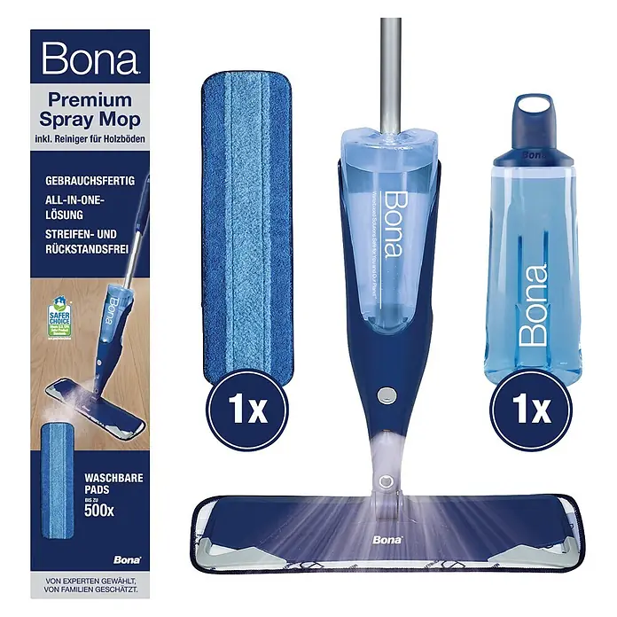 Bona Spray Mop Premium für Holzfußböden - Mikrofaser, 1 x Bona Spray Mop, 1 x Bona Spray Mop Refiller (Kartusche), 1 x Bona Mikrofaser-Reinigungspad - Bona Premium Spray Mop blau mit Mikrofaserpad und Nachfüllflasche.
