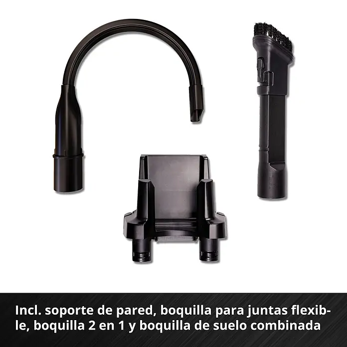 Einhell PXC 18V Batería - 18 V, 4 Ah - Manguera flexible negra, boquilla 2 en 1 (cepillo/rincones) y soporte de pared para accesorios de aspiradora.