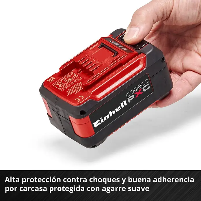 Einhell PXC 18V Batería - 18 V, 5,2 Ah - Mano sosteniendo una batería Einhell PXC 5.2Ah roja/negra con protección contra golpes y agarre suave.
