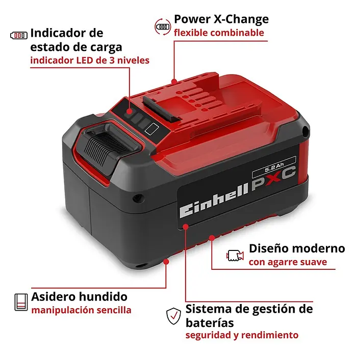 Einhell PXC 18V Batería - 18 V, 5,2 Ah - Batería Einhell PXC 5.2 Ah roja y negra con indicador de carga LED de 3 niveles y asidero hundido, del sistema Power X-Change.