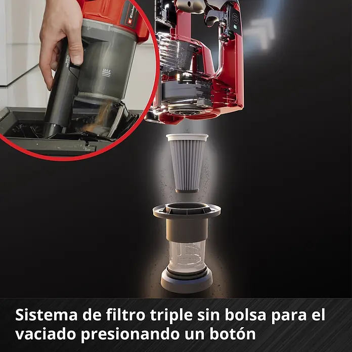 Einhell PXC 18V Batería - 18 V, 4 Ah - Sistema de filtro triple de aspiradora roja y gris desmontado (filtro plisado, malla). Detalle: mano pulsando botón para vaciar polvo.