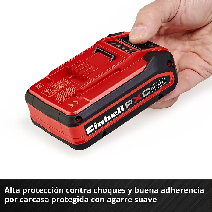 Einhell PXC 18V Cargador rápido - Específico para: Baterías Einhell Power X-Change de 18 V - Batería Einhell PXC 3.0Ah roja/negra con carcasa protectora de agarre suave, sostenida en la mano, ofrece protección contra golpes.