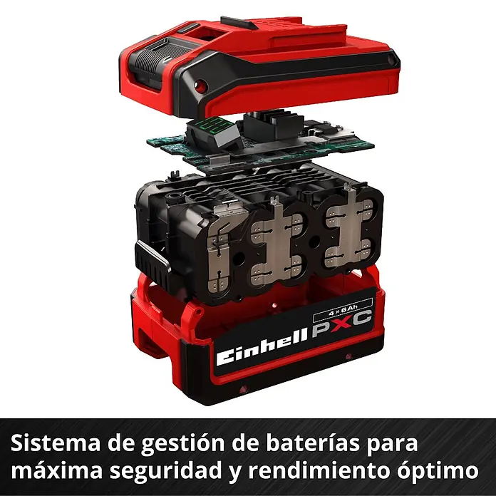 Einhell PXC 18V Cargador de pilas recargables Twincharger 3A - Específico para: Baterías Einhell Power X-Change - Vista explosionada de una batería Einhell PXC 4Ah roja y negra, mostrando celdas internas y placa de circuito para máxima seguridad y rendimiento óptimo.