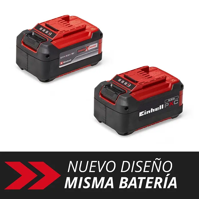 Einhell PXC 18V Batería - 18 V, 5,2 Ah - Dos baterías Einhell Power X-Change 5.2Ah 18V Li-ion rojas y negras, una de diseño antiguo y otra nuevo.
