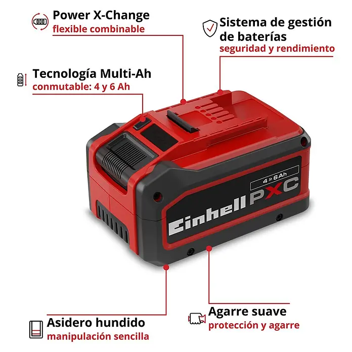 Einhell PXC 18V Cargador de pilas recargables Twincharger 3A - Específico para: Baterías Einhell Power X-Change - Una batería Einhell PXC roja y negra, con Power X-Change, tecnología Multi-Ah, gestión de batería, asa empotrada y agarre suave.