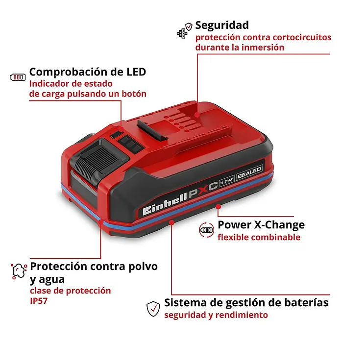 Einhell PXC 18V Batería y cargador PXC-Starter Kit - 18 V, 1 batería, 2,5 Ah - Batería Einhell Power X-Change 3.0Ah SEALED roja y negra, con indicador de carga LED y protección IP57 contra polvo/agua.