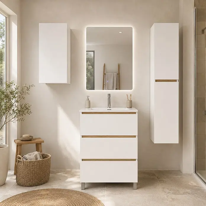 Conjunto de mueble de baño Noa - Ancho: 60 cm, Blanco y roble, 2 pzs. - Conjunto de mueble de baño moderno blanco con lavabo, espejo iluminado y dos armarios de pared, con detalles de madera.