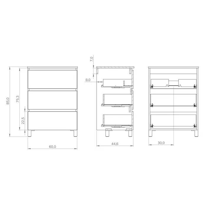 Conjunto de mueble de baño Noa - Ancho: 60 cm, Blanco y roble, 2 pzs. - Dibujo técnico de un mueble de 3 cajones (85x60x44,6cm), mostrando vistas frontal, lateral y de sección con dimensiones.