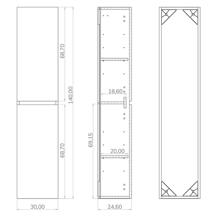 Armario alto de baño Noa - L x An x Al: 24,6 x 30 x 140 cm, Blanco y roble - Dibujo técnico de un armario alto y estrecho con estantes, vistas frontal, lateral y superior con dimensiones.