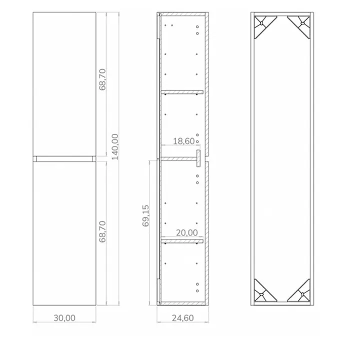 Conjunto de mueble de baño Noa con espejo y columna - Ancho total del mueble de baño: 60 cm, Blanco y roble, Mate - Dibujo técnico de un armario alto y estrecho con estantes ajustables, mostrando vistas frontal, lateral y posterior con dimensiones.