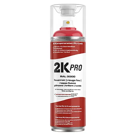 2K Pro  Farbspray 2 Komponenten Sprühfarbe 400ml RAL3000 Feuerrot Glanz
