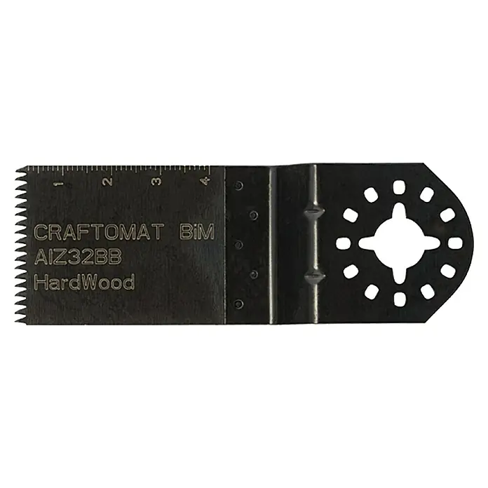 Craftomat Tauchsägeblatt AIZ 32 EB - 40 x 32 mm, Holz/Metall/Kunststoff - Abbildung eines oszillierenden Multifunktionswerkzeugsägeblatts mit der Aufschrift CRAFTOMAT BIM AIZ32BB HardWood für Hartholz.
