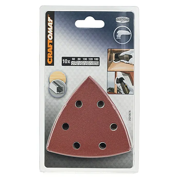 Craftomat Disco de lija delta autoadherente Set - An x L: 93 x 93 mm, Grano: 60 mm - 180 mm, Forma: Triangular - Almohadillas de papel de lija triangulares Craftomat para trabajos de lijado detallados. 10 unidades con varios granos.