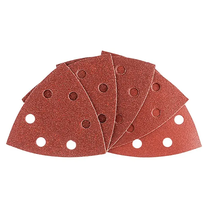 Craftomat Disco de lija delta autoadherente Set - An x L: 93 x 93 mm, Grano: 60 mm - 180 mm, Forma: Triangular - Una pila de hojas de lija triangulares con agujeros para la extracción de polvo, ideal para tareas de lijado detalladas.