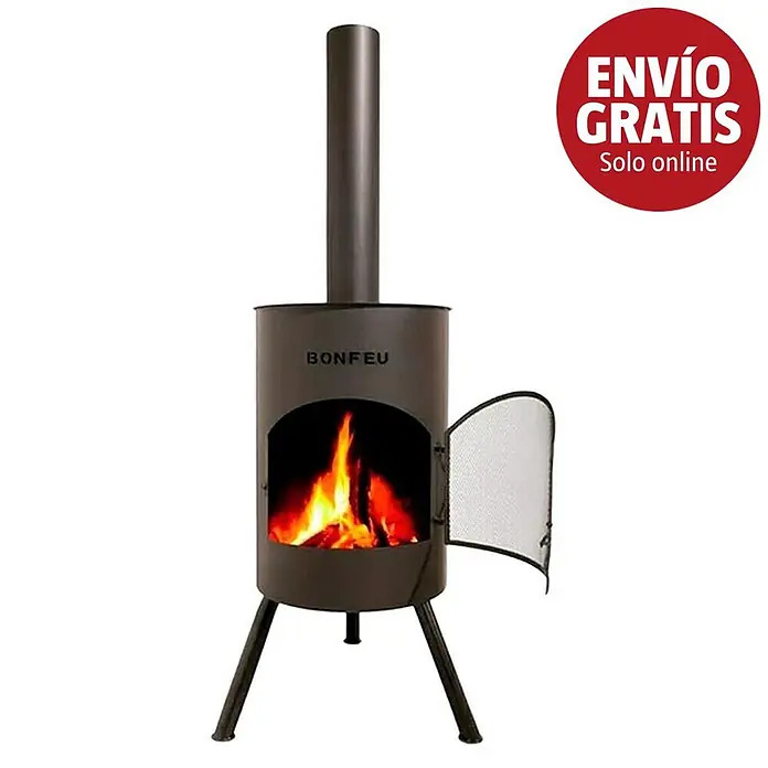 Bonfeu Chimenea de exterior Bonton - Ø x Al: 50 x 172 cm, Acero, Negro - Estufa exterior de metal oscuro con fuego encendido y puerta de malla abierta.