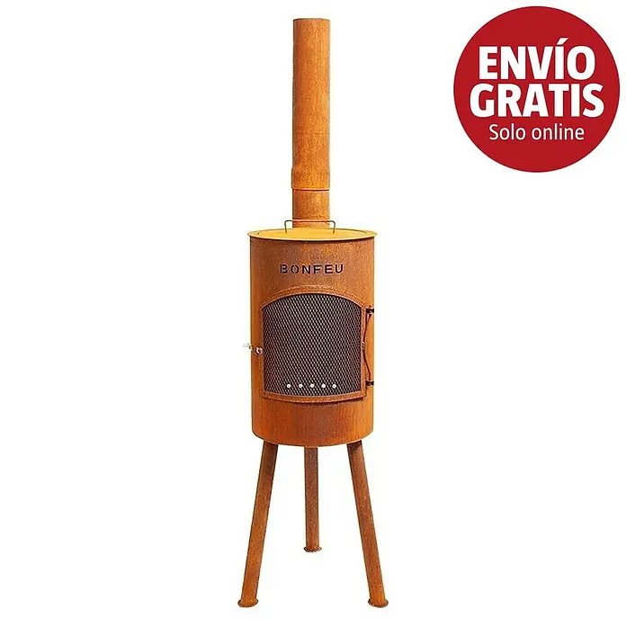 Bonfeu Chimenea de exterior Bongiano S - Ø x Al: 30 x 142 cm, Acero Corten, Marrón óxido - Chimenea exterior Bonfeu de metal oxidado rústico con patas, chimenea y puerta de malla.