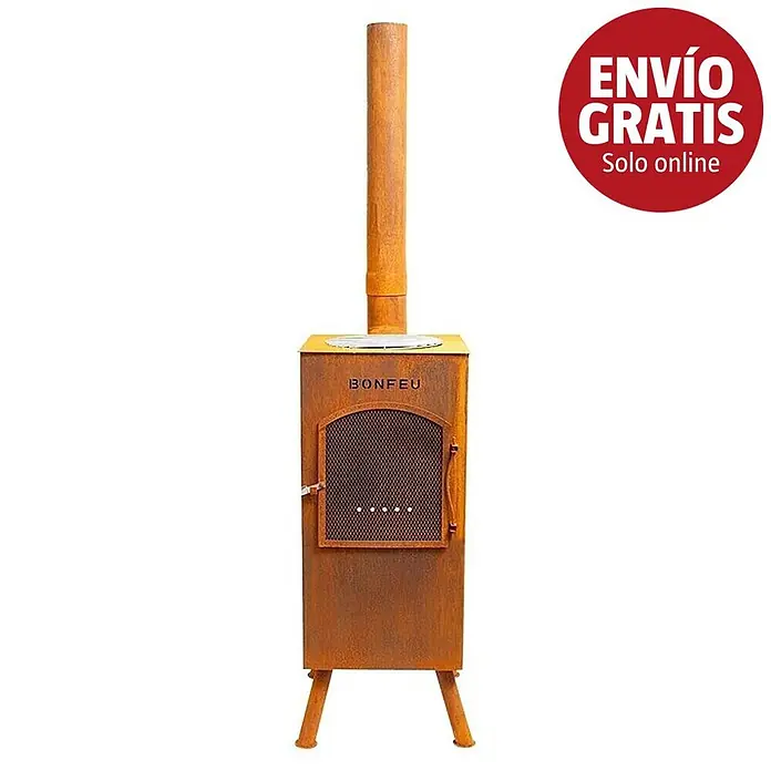 Bonfeu Chimenea de exterior Boncarre - L x An x Al: 35 x 35 x 164 cm, Acero Corten, Marrón óxido - Estufa de leña exterior de metal oxidado con chimenea alta, puerta de rejilla e inscripción 'BONFEU'.