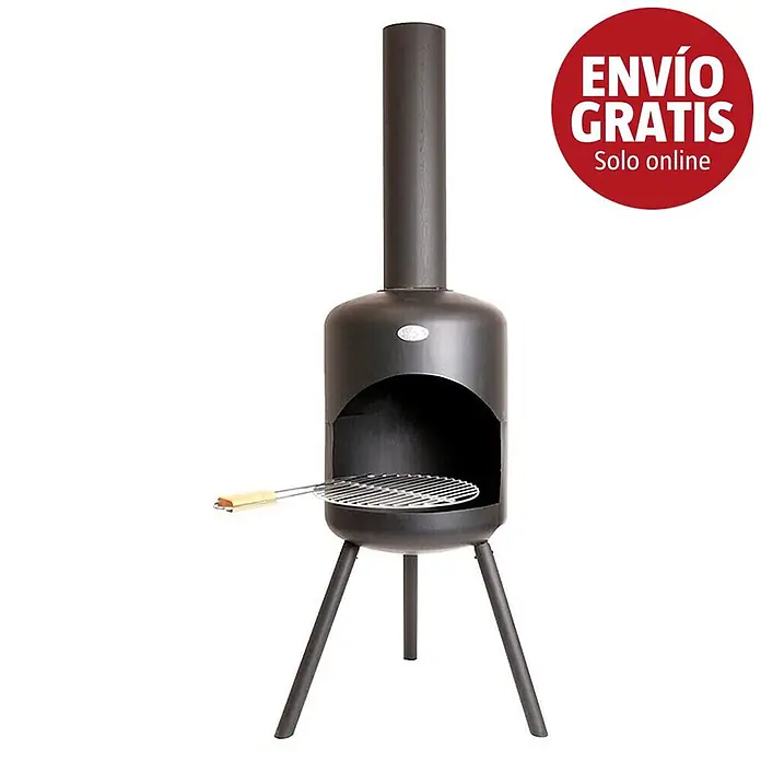 Bonfeu Chimenea de exterior Bonselo - Ø x Al: 39 x 147 cm, Acero, Negro - Chimenea de exterior de metal negro con chimenea alta y parrilla.