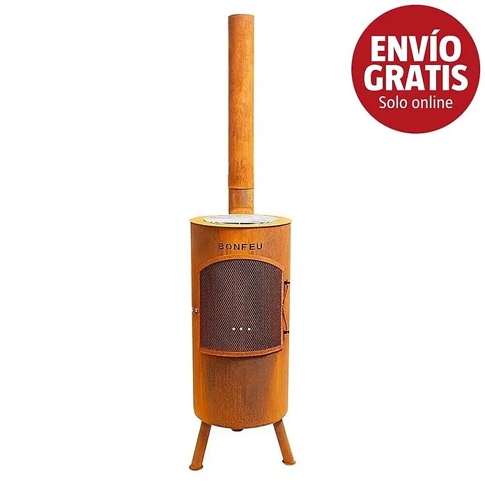 Bonfeu Chimenea de exterior Bontino L - Ø x Al: 35 x 164 cm, Acero Corten, Marrón óxido - Chimenea exterior de metal oxidado con conducto, "BONFEU", y distintivo rojo "ENVÍO GRATIS Solo online".