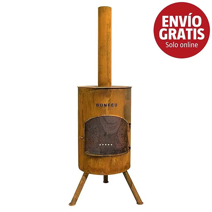 Bonfeu Chimenea de exterior Bonton - Ø x Al: 40 x 145 cm, Acero Corten, Marrón óxido - Estufa de exterior de acero corten oxidado con chimenea, puerta de malla y tres patas.