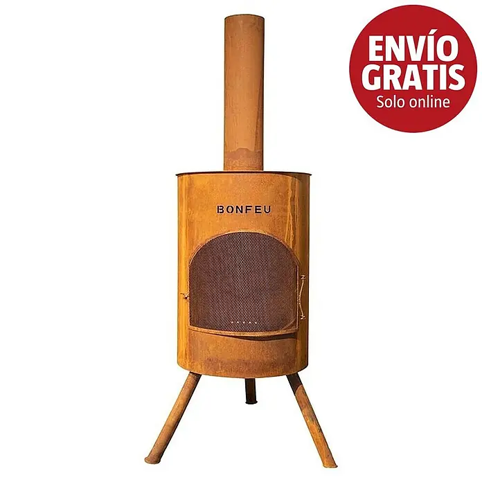 Bonfeu Chimenea de exterior Bonton - Ø x Al: 60 x 195 cm, Acero Corten, Marrón óxido - Estufa de exterior de acero corten oxidado con chimenea, puerta de malla y tres patas.