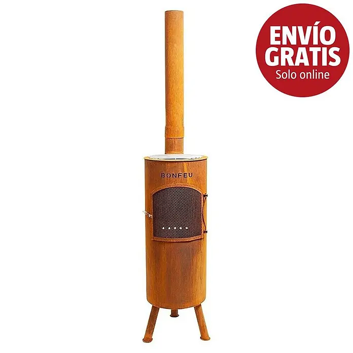 Bonfeu Chimenea de exterior Bongiano L - Ø x Al: 30 x 164 cm, Acero Corten, Marrón óxido - Chimenea exterior cilíndrica rústica de metal oxidado con puerta de malla y conducto. Marca BONFEU.