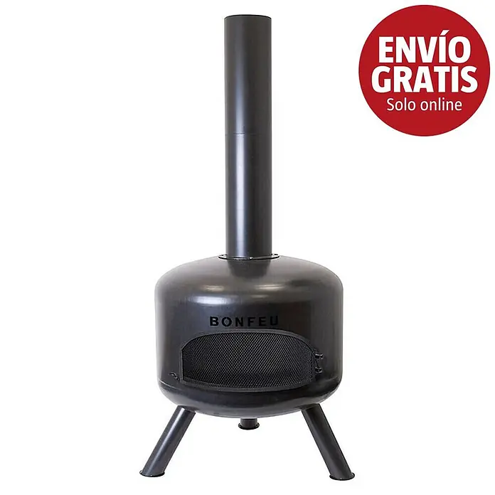 Bonfeu Chimenea de exterior Bongiro - Ø x Al: 55 x 132 cm, Acero, Negro - Chimenea exterior de metal negro con tiro alto, tres patas y puerta de malla.