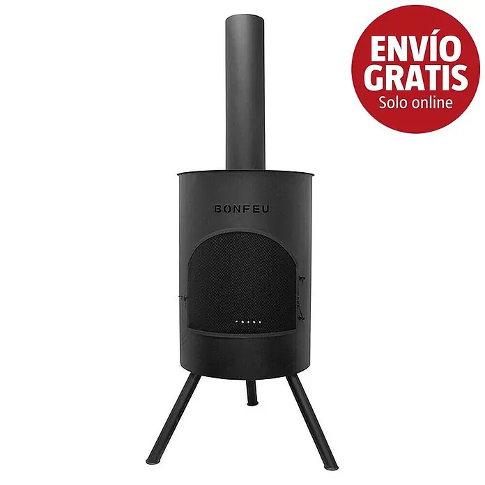 Bonfeu Chimenea de exterior Bonton - Ø x Al: 60 x 195 cm, Acero, Negro - Chimenea de exterior o estufa de patio de metal negro con abertura arqueada y tres patas, marca BONFEU.