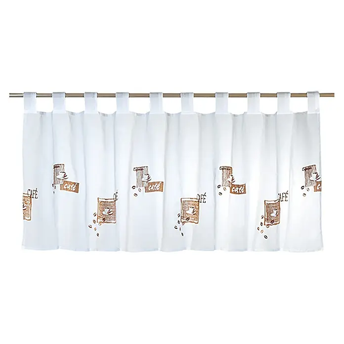 Elbersdrucke Cafehaus-Gardine Café - 140 x 48 cm, 100 % Polyester, Braun/Weiß - Weißes Bistrogardine mit braunem 'Café'- und Kaffeebohnenmuster, an einer Stange aufgehängt.