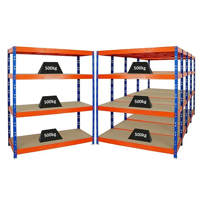 Mega Deal | 5x Profi Schwerlastregal Rhino | HxBxT 180x160x60cm | 4 Spanplatten-Ebenen 8mm | Fachlast 500kg | Blau-Orange - 