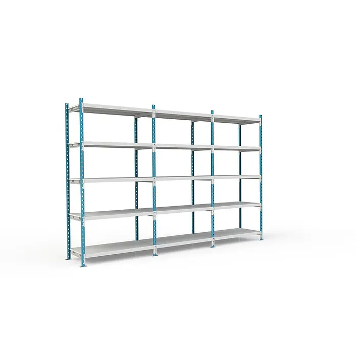 Fachbodenregal MAXIMUS Pro Grundregal 260x150x80cm 236kg Lichtblau/-grau -  - Fünfstöckiges Metallregal mit blauen Pfosten und grauen Böden, geeignet zur Lagerung.