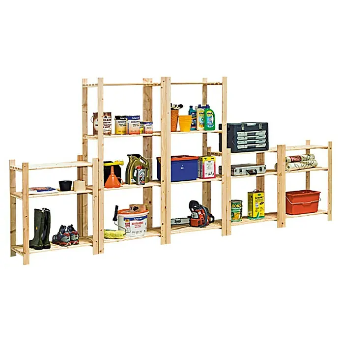 Regalux Regalsystem Heavy Holzregal - H x B x T: 170 x 75 x 40 cm, Traglast pro Boden: 65 kg, Anzahl Böden: 4 Stk., Schrauben, Natur - Holzregal mit verschiedenen Gegenständen. Das Regal bietet Stauraum für Werkzeuge, Farben, Reiniger und andere Utensilien in einer Garage oder Werkstatt.