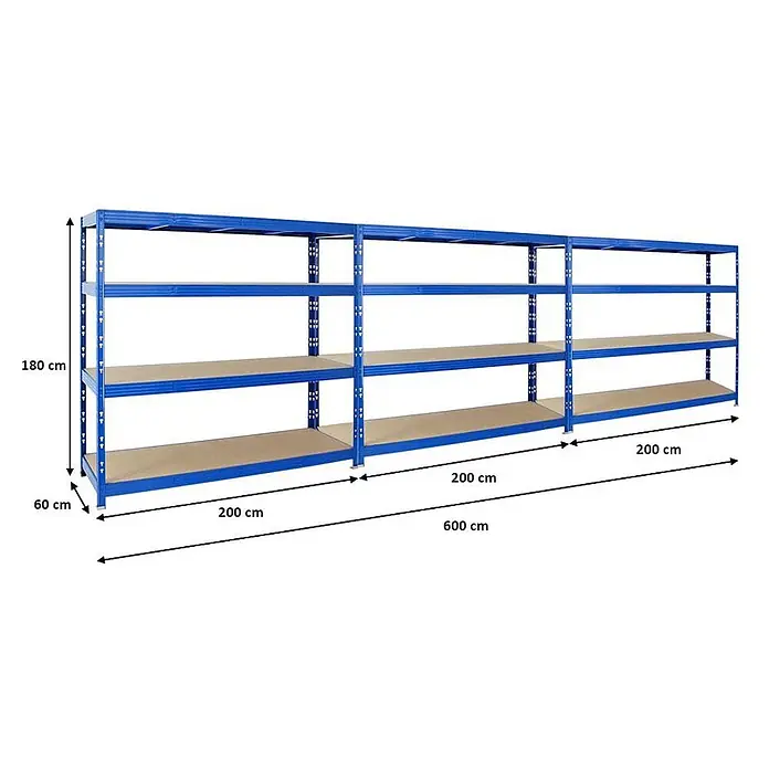 Mega Deal | 3x Profi Schwerlastregal Rhino | HxBxT 180x200x60cm | 4 Spanplatten-Ebenen 16mm | Fachlast 500kg | Blau - 