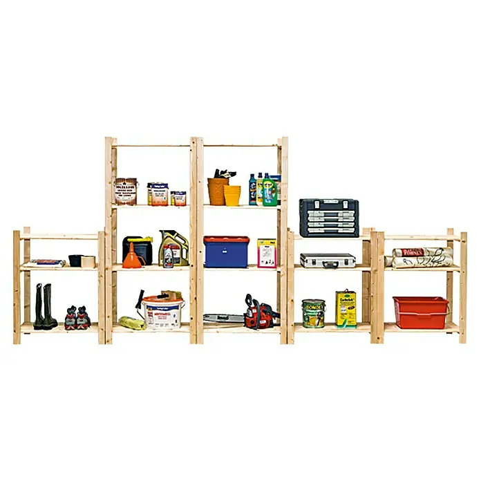 Regalux Regalsystem Heavy Holzregal - H x B x T: 170 x 75 x 40 cm, Traglast pro Boden: 65 kg, Anzahl Böden: 4 Stk., Schrauben, Natur - Das Foto zeigt ein Holzregal mit verschiedenen Werkzeugen und Behältern. Das Regal steht vor einem schwarzen Hintergrund.