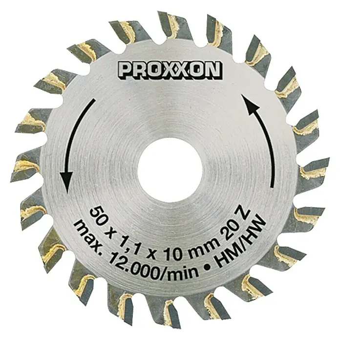 Proxxon Kreissägeblatt No 28017 - 50 mm, Durchmesser Aufnahmebohrung: 10 mm, Anzahl Zähne: 20 Stk. - Proxxon Kreissägeblatt, 50 x 1,1 x 10 mm, 20 Zähne, max. 12.000 U/min, HM/HW für präzise Schnitte.