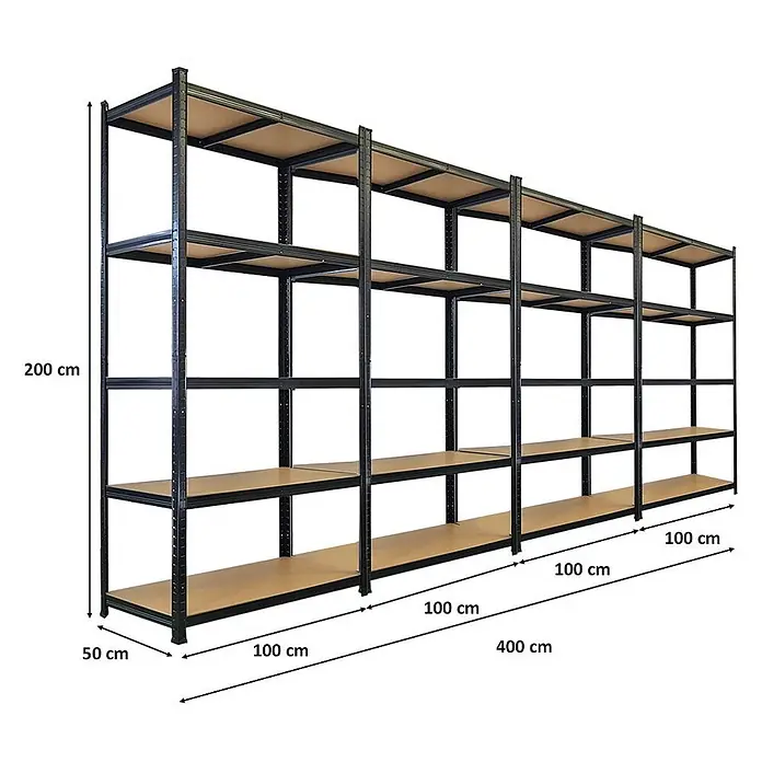 Mega Deal | 4x Schwerlastregal Giant Ragnar | HxBxT 200x100x50cm | 5 MDF-Platten-Ebenen | Fachlast 175kg | Schwarz - 