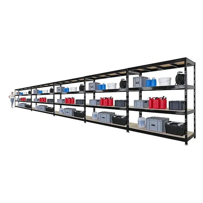 Mega Deal | 5x Profi Schwerlastregal Rhino | HxBxT 200x200x60cm | 4 Spanplatten-Ebenen 8mm | Fachlast 500kg | Schwarz - 