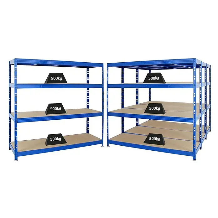 Mega Deal | 4x Profi Schwerlastregal Rhino | HxBxT 180x200x60cm | 4 Spanplatten-Ebenen 16mm | Fachlast 500kg | Blau - 