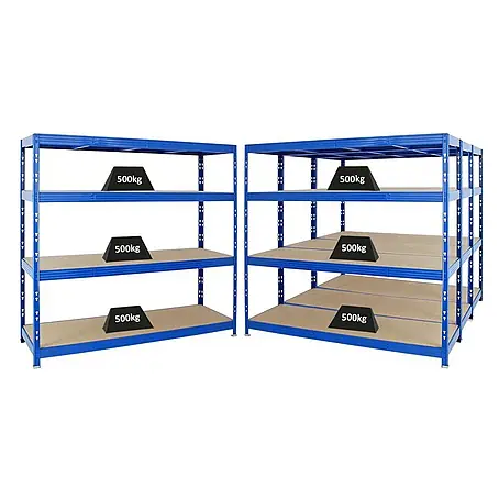 Mega Deal | 4x Profi Schwerlastregal Rhino | HxBxT 180x200x60cm | 4 Spanplatten-Ebenen 16mm | Fachlast 500kg | Blau