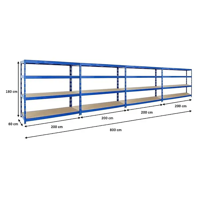 Mega Deal | 4x Profi Schwerlastregal Rhino | HxBxT 180x200x60cm | 4 Spanplatten-Ebenen 16mm | Fachlast 500kg | Blau - 