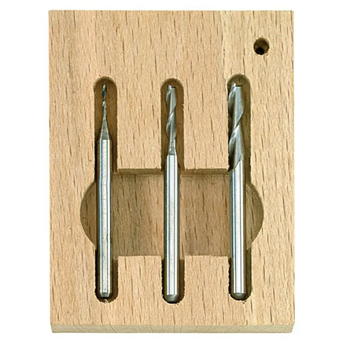 Proxxon Schaftfräser-Set No 27116 - 3 Stk., Voll-Hartmetall - Drei Frässtifte unterschiedlicher Größe in einem Holzblock. Ideal für präzise Arbeiten und sichere Aufbewahrung.