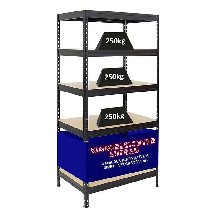 Schwerlastregal Rivet | HxBxT 180x90x60 cm | Fachlast 250kg | Innovatives Stecksystem | Schwarz - 