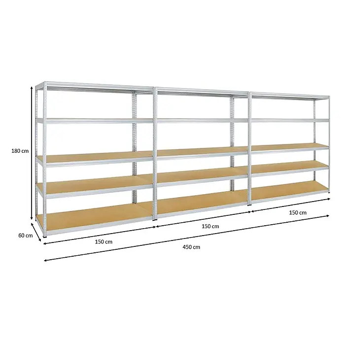 Mega Deal | 3x Schwerlastregal Giant Elephant | HxBxT 180x150x60 cm |  Fachlast 200kg | Verzinkt -  - Drei silberne Schwerlastregale aus Metall mit je fünf hellbraunen Holzablagen, Gesamtbreite 450 cm.