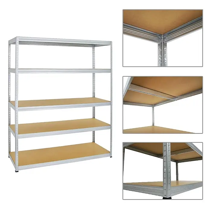 Mega Deal | 5x Schwerlastregal Giant Elephant | HxBxT 180x150x60 cm |  Fachlast 200kg | Verzinkt -  - Ein 5-stufiges Metallregal mit hellbraunen Holzablagen. Detailansichten zeigen den stabilen Rahmen und die Regalstruktur.