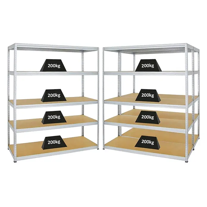 Mega Deal | 3x Schwerlastregal Giant Elephant | HxBxT 180x150x60 cm |  Fachlast 200kg | Verzinkt -  - Zwei graue Metallregale mit hellbraunen Böden, jeder Boden zeigt eine Tragfähigkeit von 200kg an.