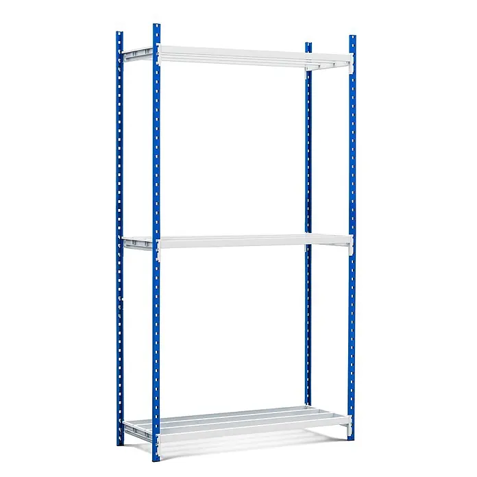 Fachbodenregal MAXIMUS Pro Grundregal 300x100x100 3 Ebenen Lichtblau/-grau -  - Metallregal mit drei weißen Böden und blauen Stehern, ideal zur Lagerung.
