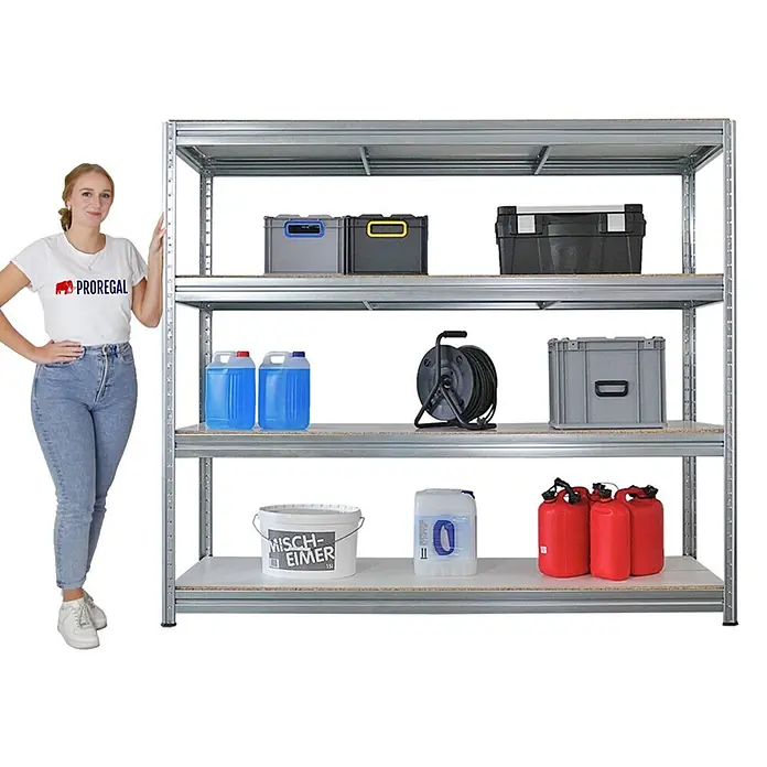 Mega Deal | 2x Schwerlastregal DINO | HxBxT 180x200x60cm | 4 Melamin-Ebenen 16mm | Fachlast 500kg | Verzinkt - 