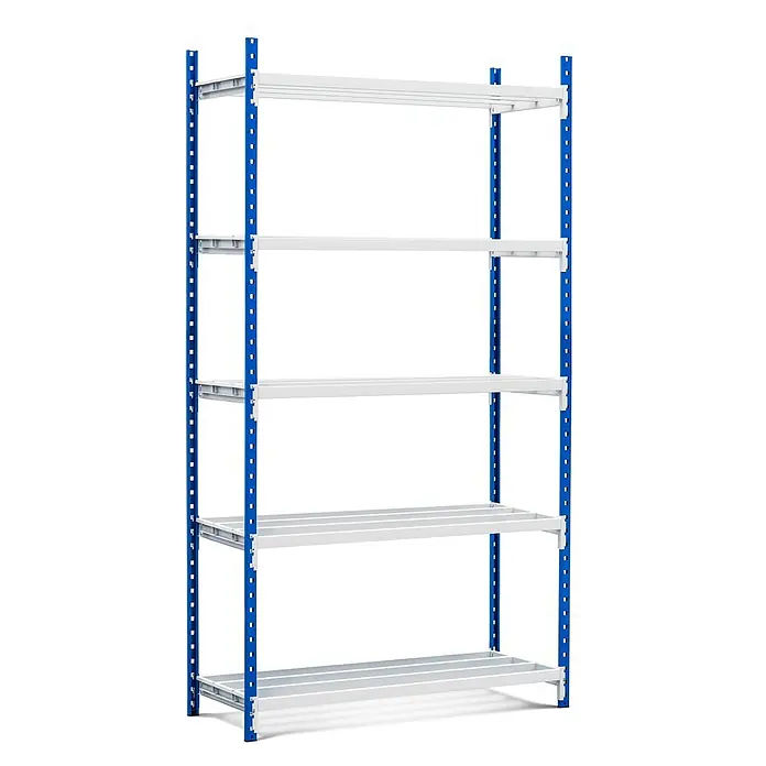 Fachbodenregal MAXIMUS Pro Grundregal 260x100x100cm 303kg Lichtblau/-grau -  - Fünfstöckiges Industrieregal mit blauen Metallständern und weißen Metallböden.